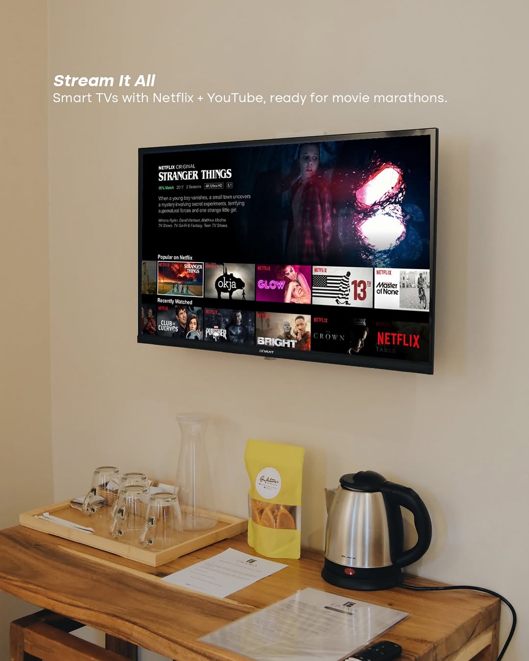 Smart TV with Netflix and in-room kettle